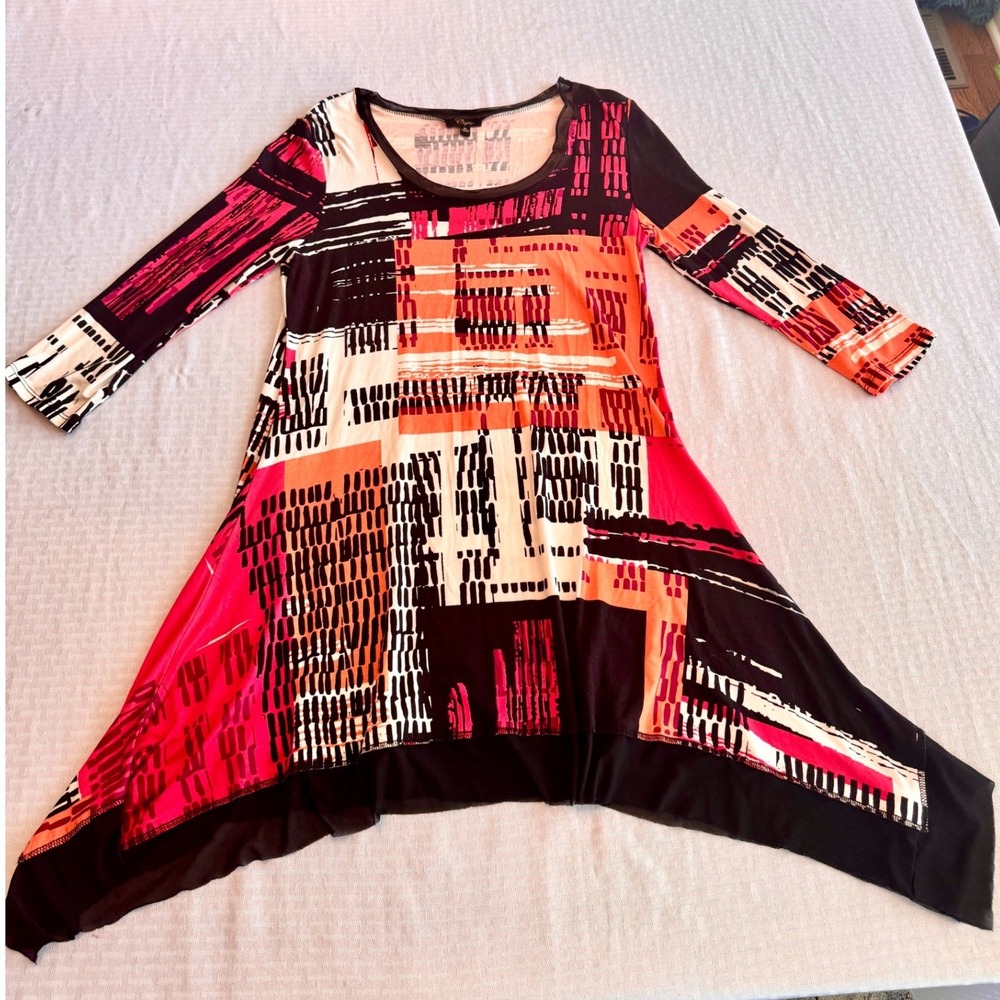 Cupio Abstract Geometric Art‎ Print Tunic Top Pink Orange Sharkbite Hem Medium